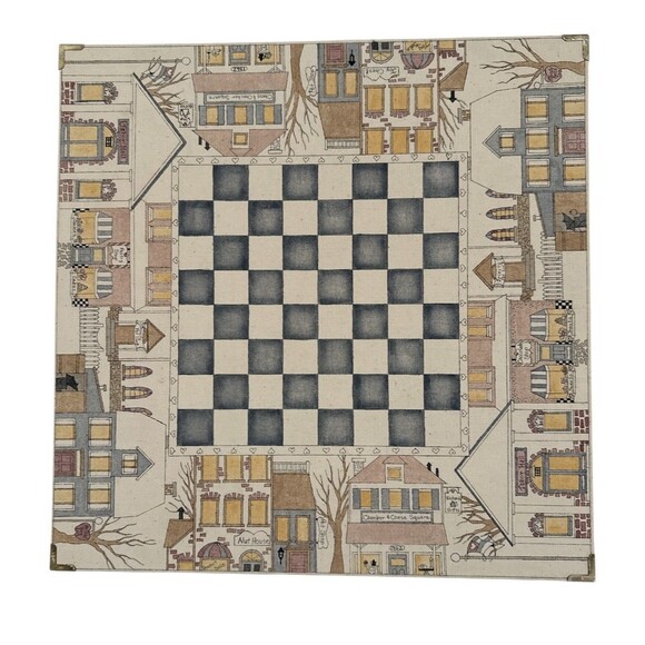 Chess and Checkers Game Board Folk Art Style Illustration of Town Square 15 x 15 - Picture 1 of 9